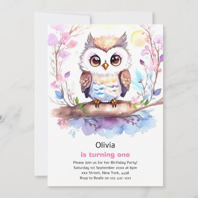 Invitación al primer cumpleaños de Owl Chica (Anverso)
