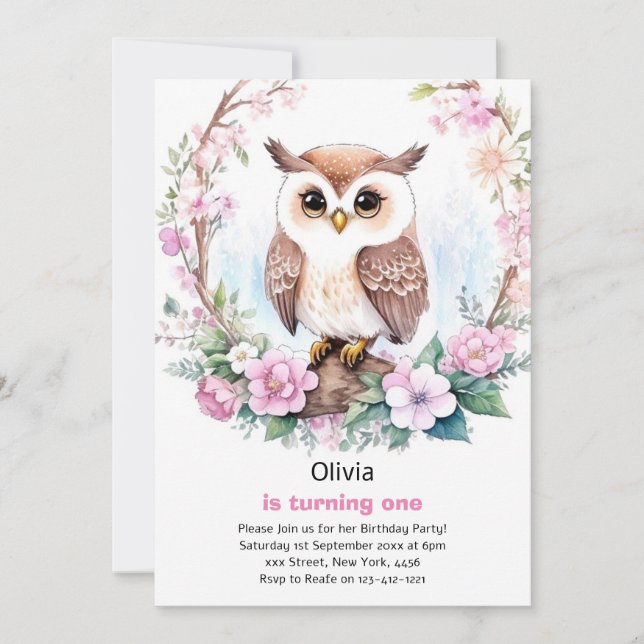 Invitación al primer cumpleaños de Owl Chica (Anverso)