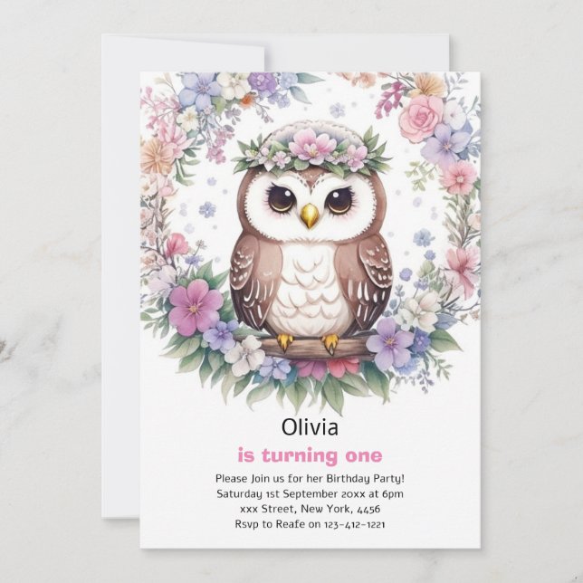 Invitación al primer cumpleaños de Owl Chica (Anverso)
