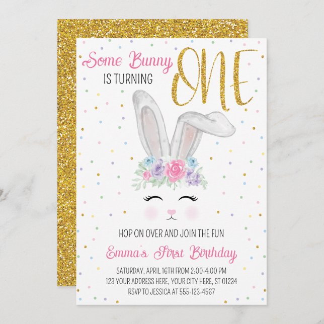 Invitación al primer cumpleaños de Pascua, conejo  (Anverso / Reverso)