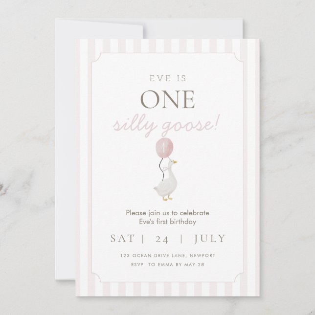 Invitación al primer cumpleaños de Pink Silly Goos (Anverso)