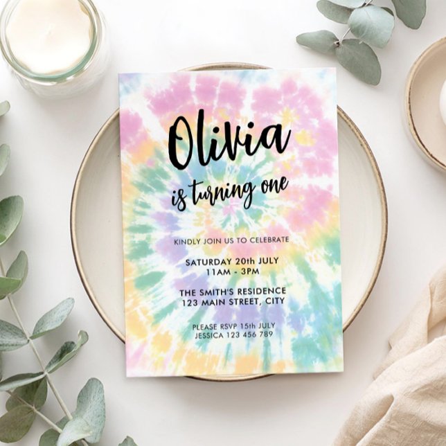 Invitación al primer cumpleaños de Rainbow Tie Dye (Subido por el creador)