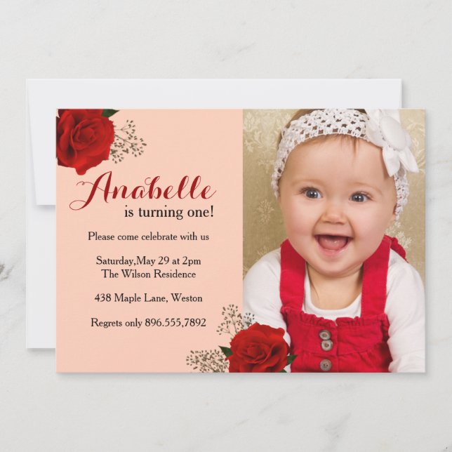 Invitación al Primer Cumpleaños de Rosa Roja (Anverso)