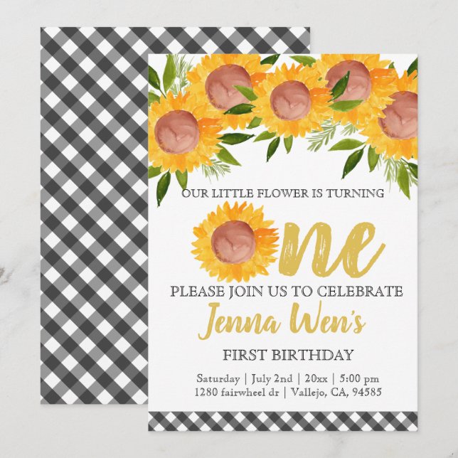 Invitación al primer cumpleaños de Sunflower plaid (Anverso / Reverso)