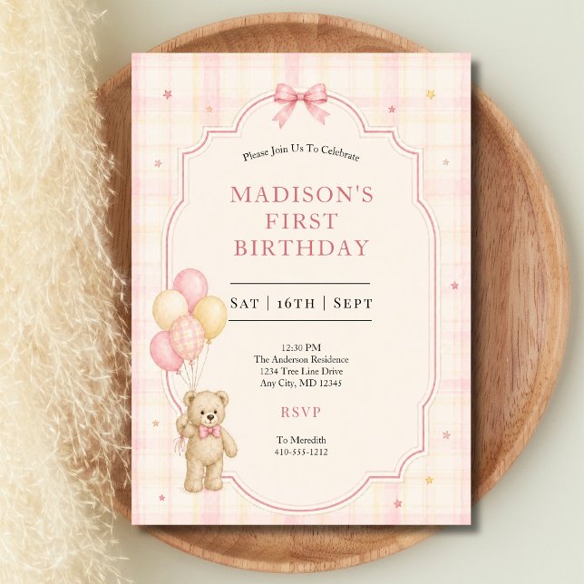 Invitación al primer cumpleaños de una niña con os (Pink Yellow Plaid Girl Teddy Bear 1st Birthday Invitation. Printed or Digital)