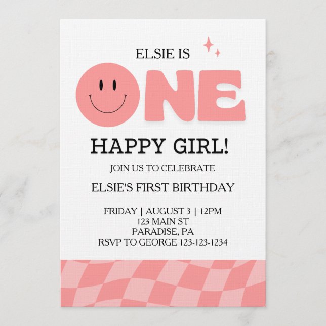 Invitación al primer cumpleaños de una niña feliz (Anverso)