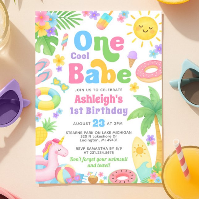 Invitación al primer cumpleaños de verano - Un beb (Summer 1st Birthday Invitation - One Cool Babe
)