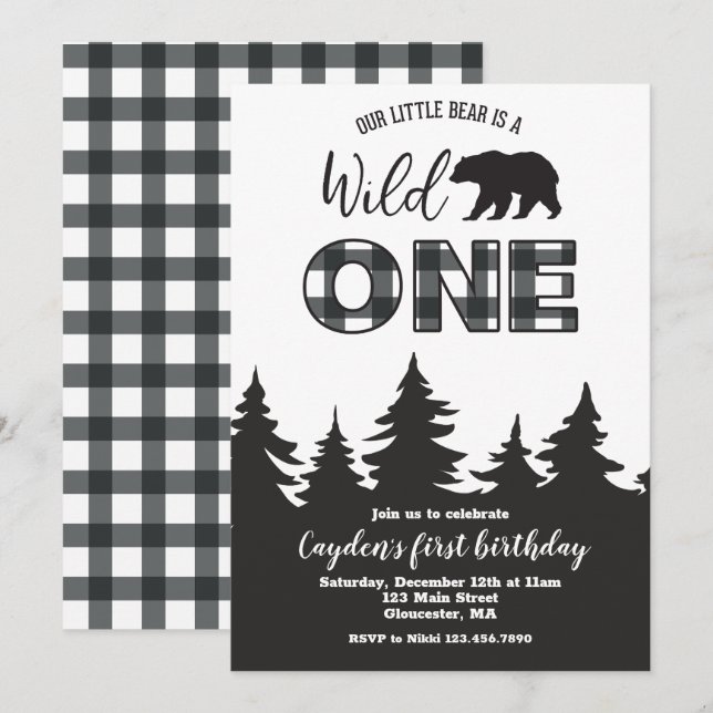Invitación al Primer Cumpleaños de Wild One Bear c (Anverso / Reverso)