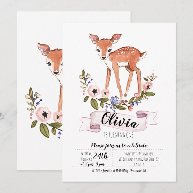 Invitación al primer cumpleaños de Woodland Little (Anverso / Reverso)