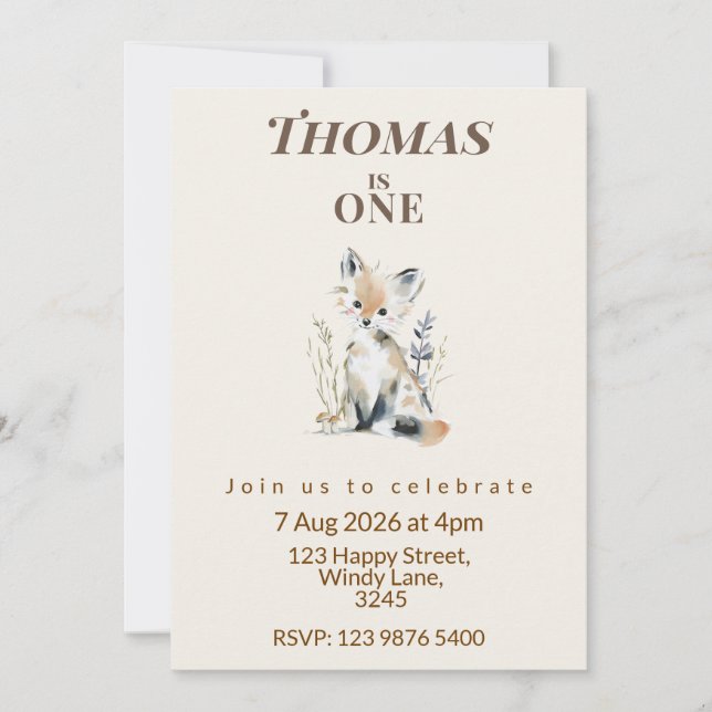 Invitación al Primer Cumpleaños de Zorro del Bosqu (Anverso)