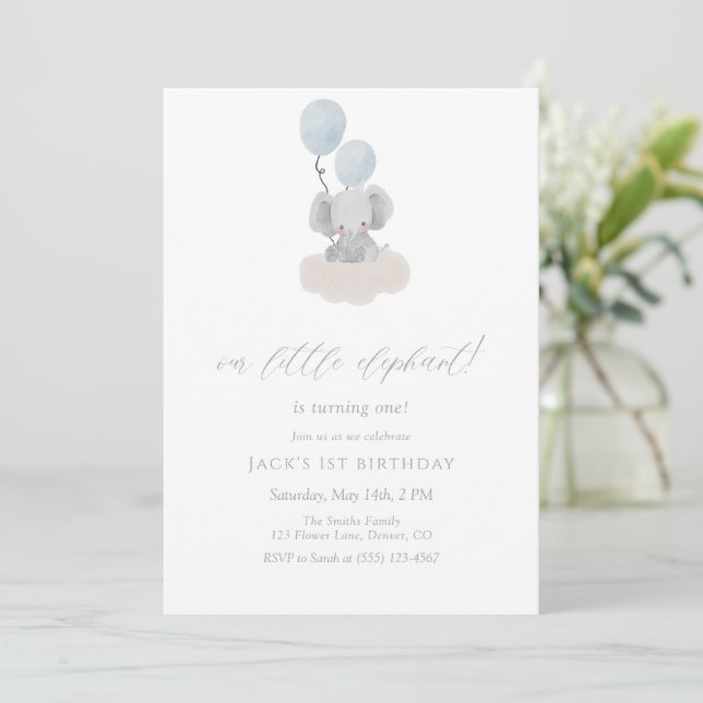Invitación al Primer Cumpleaños del Elefante Azul  (Anverso de pie)