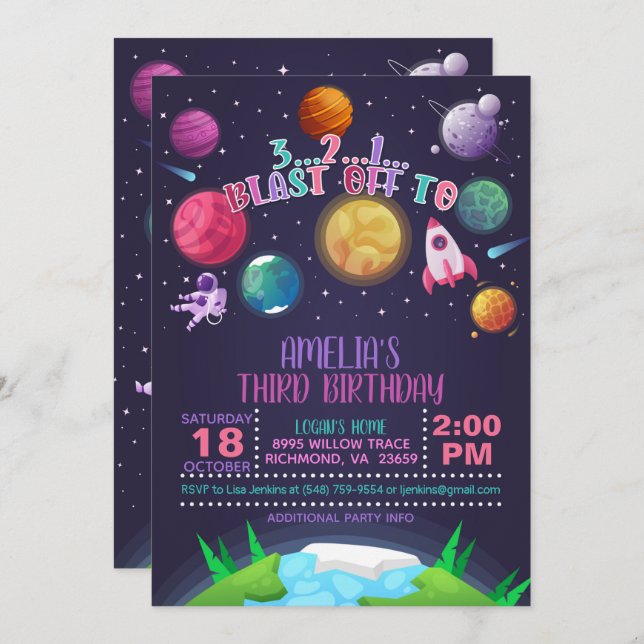 Invitación al primer cumpleaños del espacio - Chic (Anverso / Reverso)