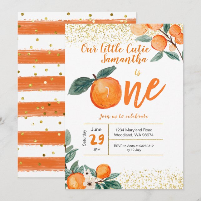 Invitación al primer cumpleaños del naranja (Anverso / Reverso)
