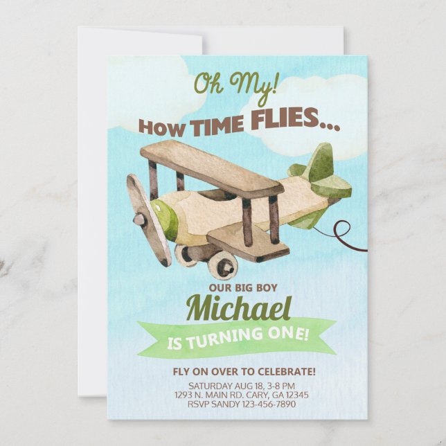 Invitación al primer cumpleaños del niño del avión (Anverso)