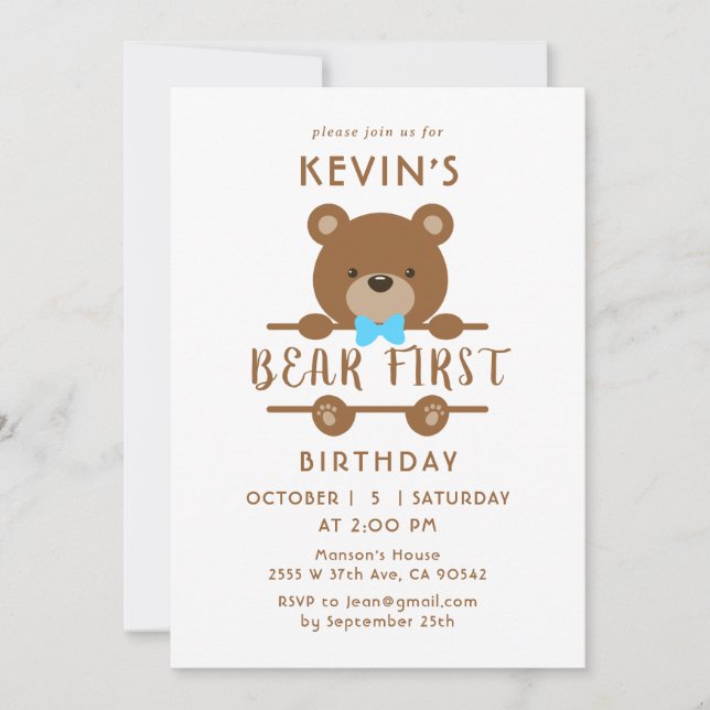 Invitación al primer cumpleaños del oso lindo (Anverso)