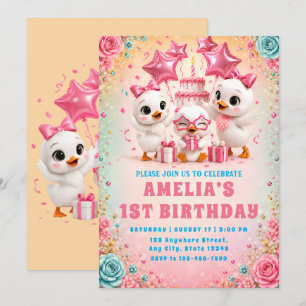 Invitación al primer cumpleaños del patito rosa y 