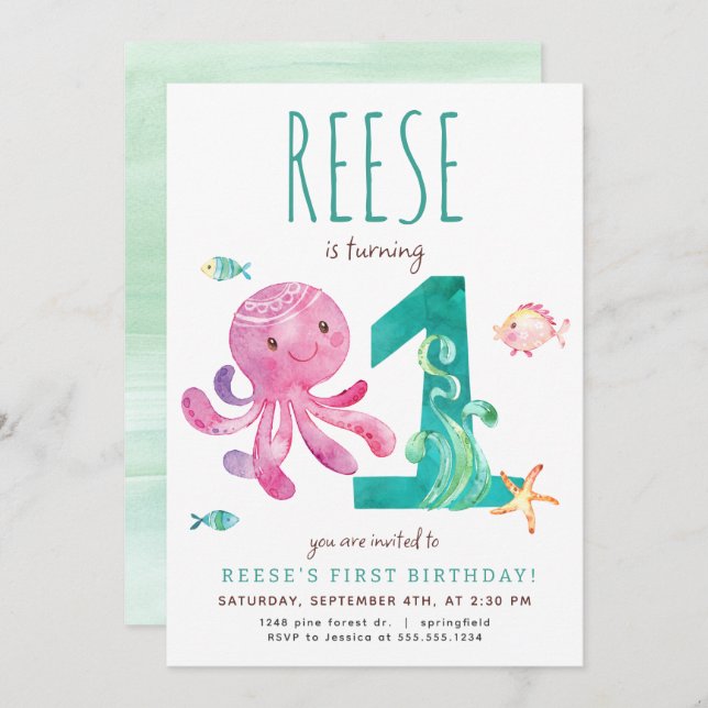 Invitación al primer cumpleaños del pulpo (Anverso / Reverso)