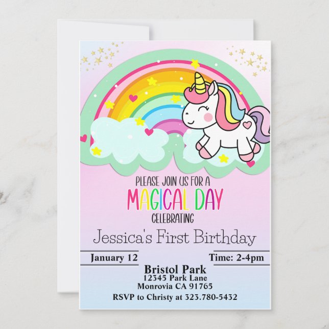 Invitación al primer cumpleaños del unicornio arco (Anverso)