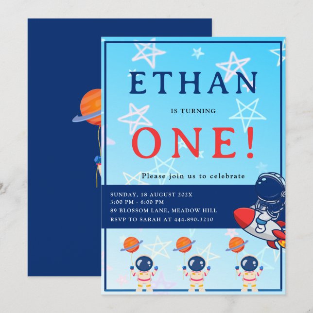 Invitación al primer cumpleaños espacial – Niño de (Anverso / Reverso)
