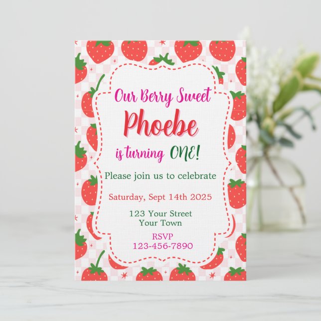 Invitación al Primer Cumpleaños Fresa y Dulce de F (Anverso de pie)