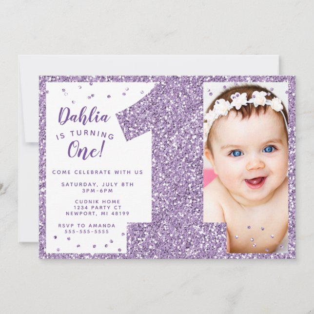 Invitación al primer cumpleaños púrpura, Purpurina (Anverso)