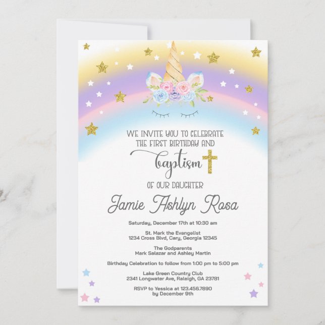 Invitación al primer cumpleaños y bautismo de Unic (Anverso)
