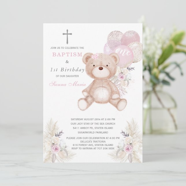 Invitación al Primer Cumpleaños y Bautizo de la Ni (Anverso de pie)