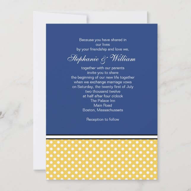 Invitación al Punto de Polka Amarillo y Boda Azul (Anverso)