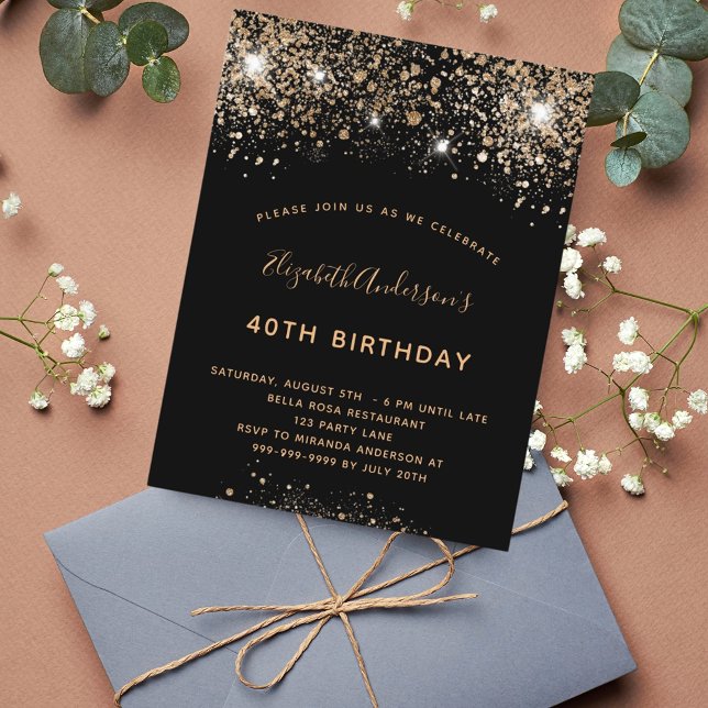 Invitación al purpurina de oro negro de Cumpleaños (Subido por el creador)