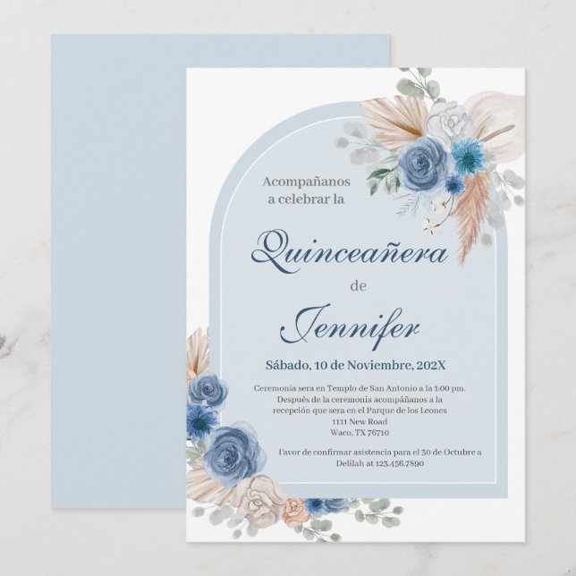 Invitación al Quinceanera azul Boho (Anverso / Reverso)