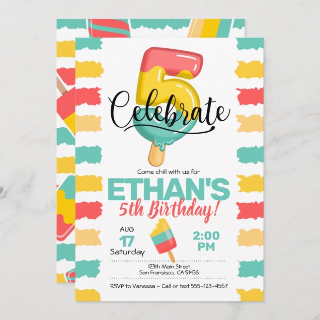 Invitación al quinto cumpleaños con Popsicle (Anverso / Reverso)