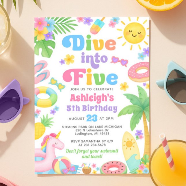 Invitación al quinto cumpleaños del verano - sumer (Summer 5th Birthday Invitation - Dive into Five
)