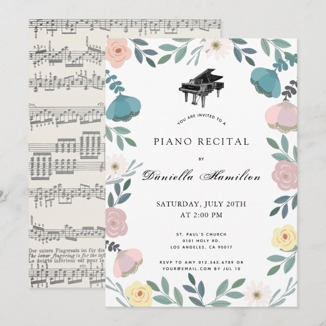 Invitación al Recital de Piano Blanco Floral (Anverso / Reverso)