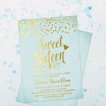 Invitación al Relieve metalizado Aqua Blue Sweet 1<br><div class="desc">El Fiesta Sweet 16 de su hija será el evento del año con esta elegante invitación de Relieve metalizado. Con tu texto personalizado, las palabras "Sweet Sixteen" con un poco de corazón y puntos de confeti en la parte superior adornados con Relieve metalizado dorado prensado sobre un fondo azul acuático...</div>