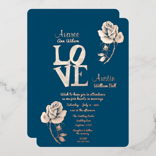 Invitación al Relieve metalizado azul y oro floral (Anverso/Reverso)