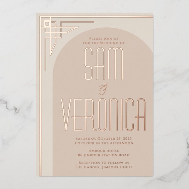 Invitación al Relieve metalizado Beige Modern Deco (Anverso)
