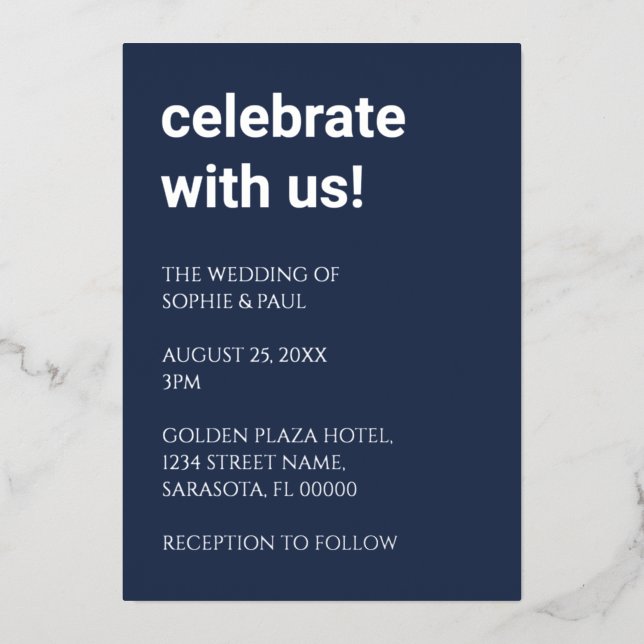 Invitación al Relieve metalizado Boda azul de la m (Anverso)