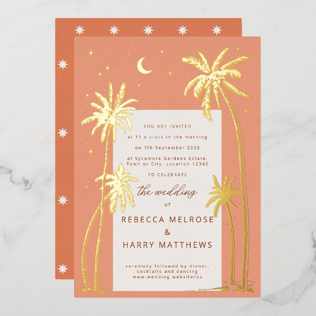 Invitación al Relieve metalizado boda Boho naranja (Anverso/Reverso)