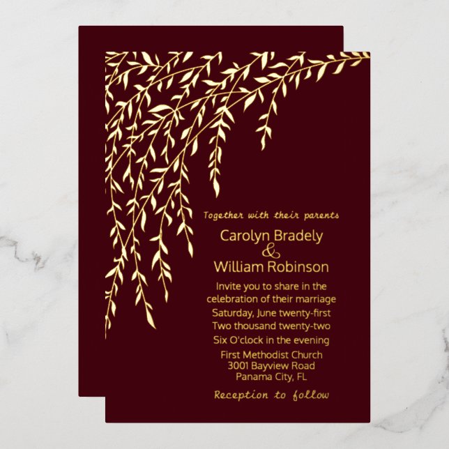 Invitación al Relieve metalizado Boda Borgoña Gold (Anverso/Reverso)