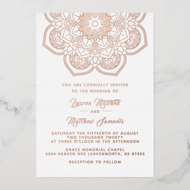 Invitación al Relieve metalizado Boda de Mandala G (Anverso)
