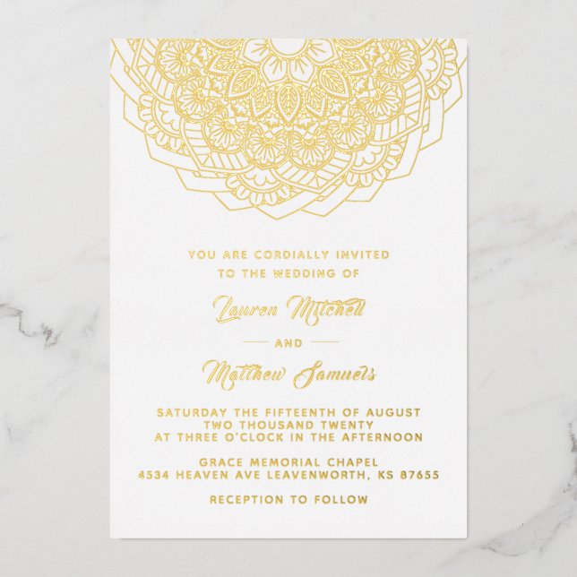 Invitación al Relieve metalizado Boda de Mandala G (Anverso)