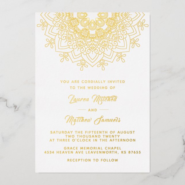 Invitación al Relieve metalizado Boda de Mandala G (Anverso)