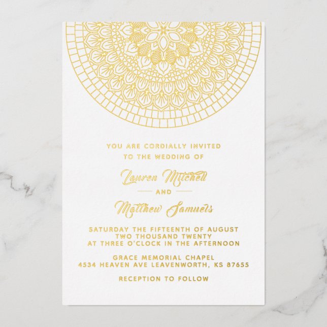 Invitación al Relieve metalizado Boda de Mandala G (Anverso)