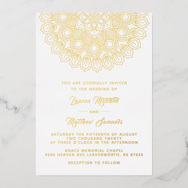 Invitación al Relieve metalizado Boda de Mandala G (Anverso)