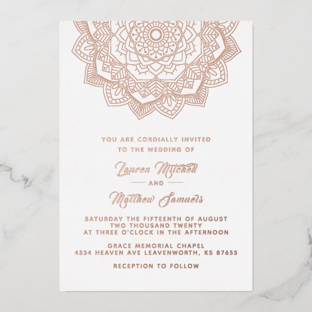 Invitación al Relieve metalizado Boda de Mandala G (Anverso)