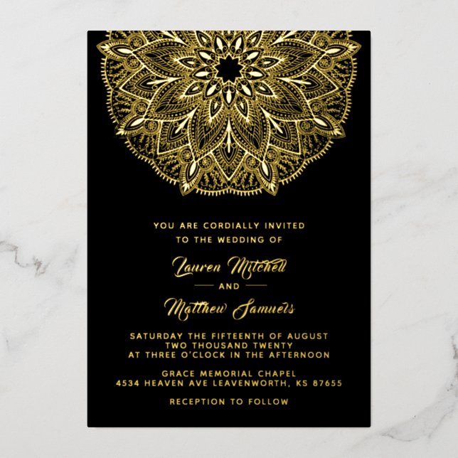 Invitación al Relieve metalizado Boda de Mandala G (Anverso)