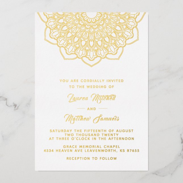 Invitación al Relieve metalizado Boda de Mandala G (Anverso)