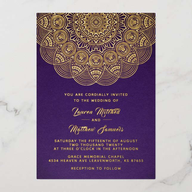 Invitación al Relieve metalizado Boda de Mandala G (Anverso)