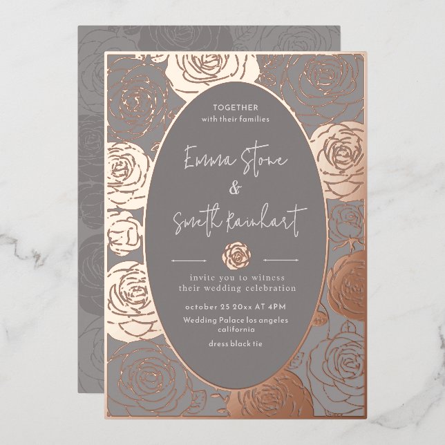 Invitación al Relieve metalizado Boda de Rosas gri (Anverso/Reverso)