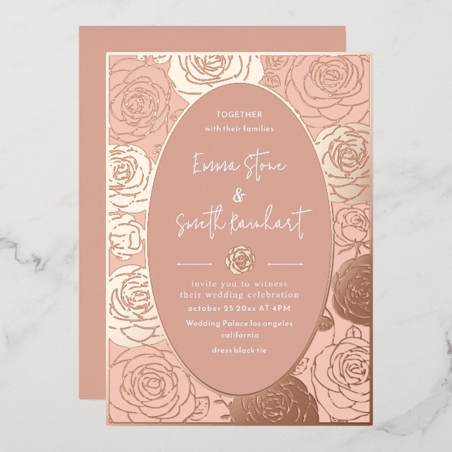 Invitación al Relieve metalizado Boda de rosas ros (Anverso/Reverso)